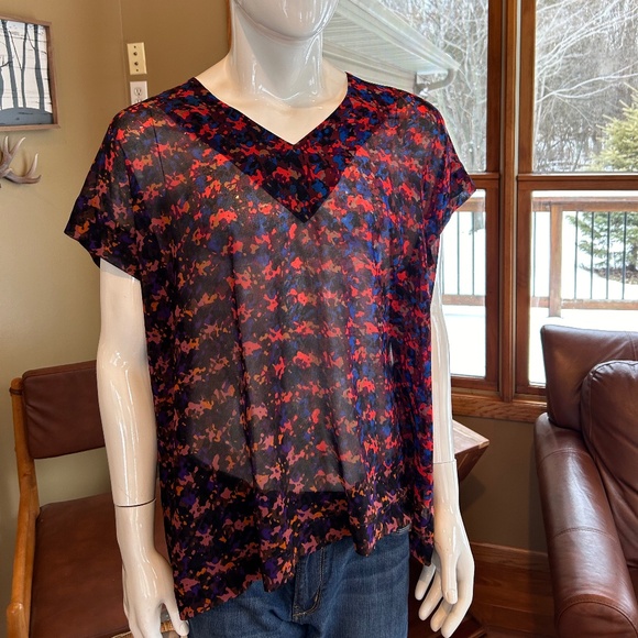 CAbi Stylish Multicolored Sheer Patterned Blouse XL Bright Colors - Picture 1 of 4